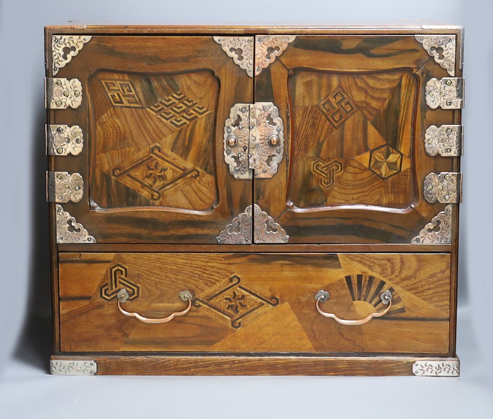 A 19th century Japanese Hakone parquetry table top chest, 55 cms wide x 46.5 cms high.